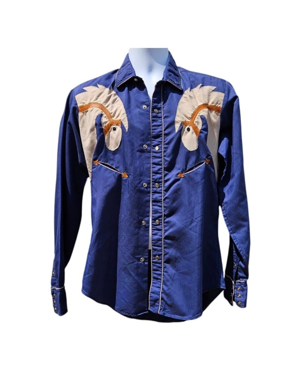 Vintage Custer 70s Western Cowboy Shirt Horse Head Applique Snap Men's M